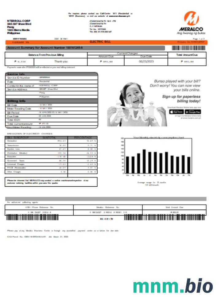 Meralco Philippines electricity rachunek za usługi komunalne